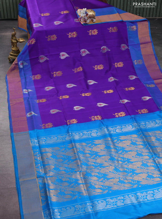 Pure uppada silk saree violet and cs blue with silver & gold zari woven buttas and zari woven border