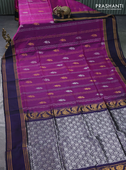 Pure uppada silk saree purple and dark navy blue with allover zari weaves & buttas and rettapet zari woven border