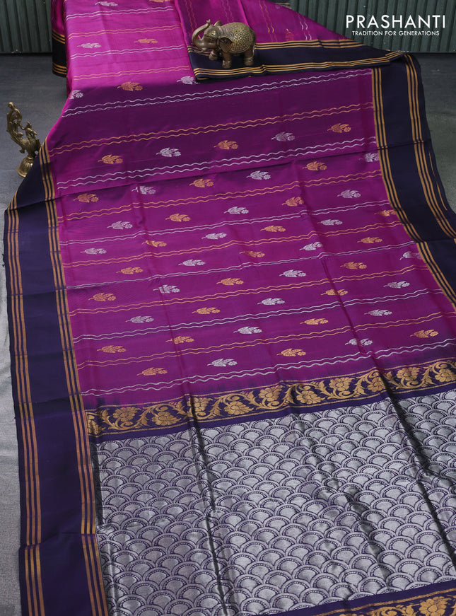 Pure uppada silk saree purple and dark navy blue with allover zari weaves & buttas and rettapet zari woven border