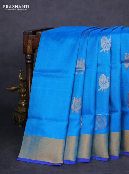 Pure uppada silk saree cs blue and blue with silver & gold zari woven buttas and zari woven border