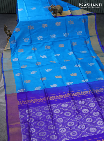 Pure uppada silk saree cs blue and blue with silver & gold zari woven buttas and zari woven border