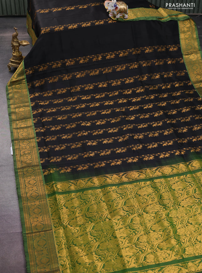 Pure uppada silk saree black and green with allover zari weaves and zari woven border