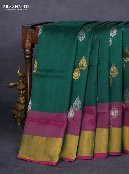 Pure uppada silk saree green and pink with silver & gold zari woven buttas and zari woven border