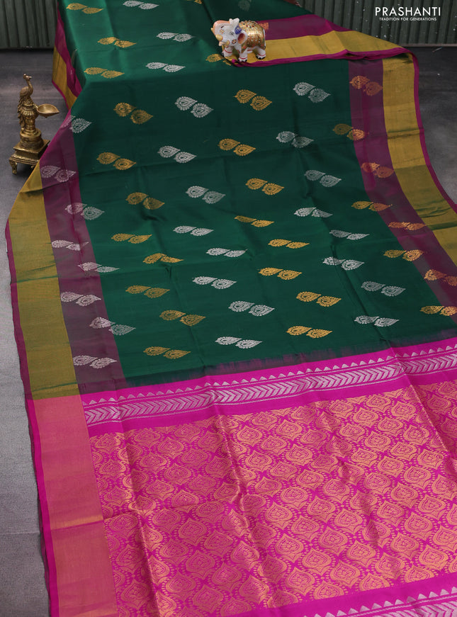 Pure uppada silk saree green and pink with silver & gold zari woven buttas and zari woven border