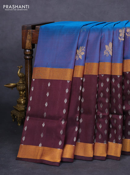 Pure uppada silk saree cs blue and coffee brown with zari woven floral buttas and zari woven butta border