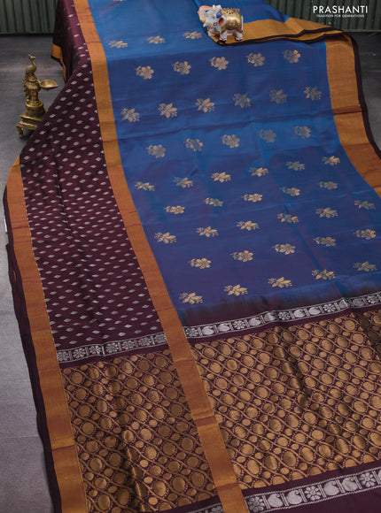 Pure uppada silk saree cs blue and coffee brown with zari woven floral buttas and zari woven butta border