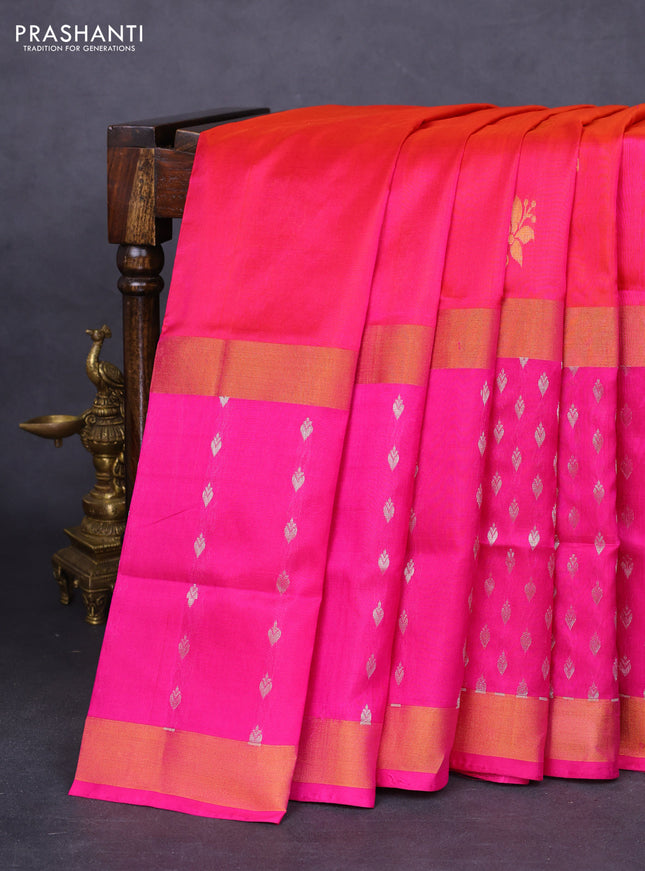 Pure uppada silk saree orange and pink with zari woven floral buttas and zari woven butta border