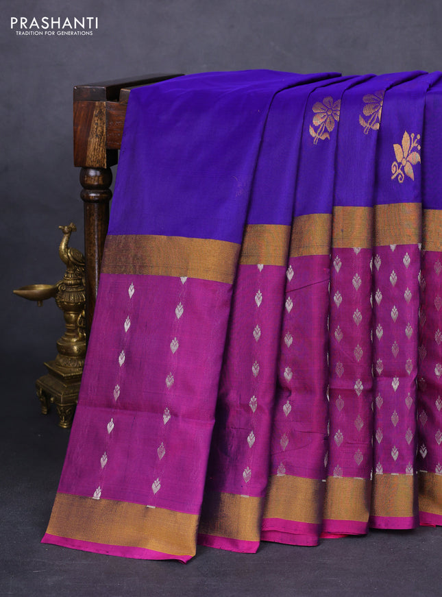 Pure uppada silk saree blue and pink with zari woven floral buttas and zari woven butta border