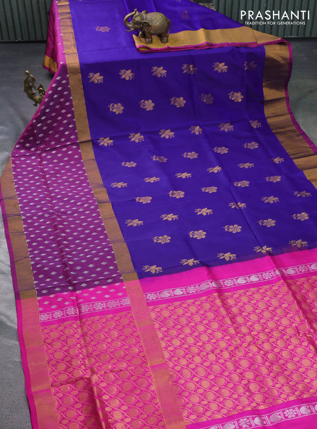 Pure uppada silk saree blue and pink with zari woven floral buttas and zari woven butta border