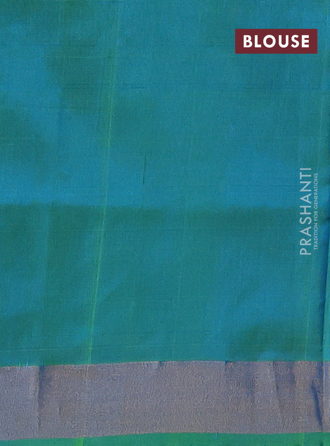 Pure uppada silk saree cs blue and dual shade of teal green with silver zari woven floral buttas and zari woven butta border