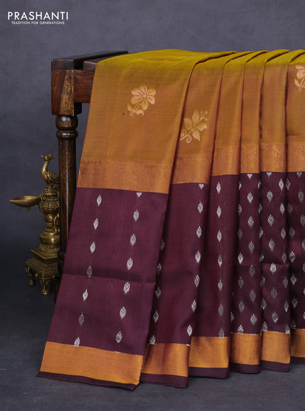 Pure uppada silk saree mehendi green and coffee brown with zari woven floral buttas and zari woven butta border