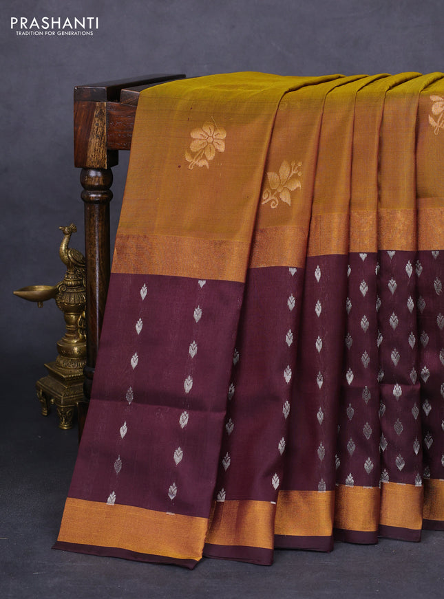 Pure uppada silk saree mehendi green and coffee brown with zari woven floral buttas and zari woven butta border