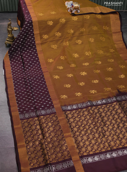 Pure uppada silk saree mehendi green and coffee brown with zari woven floral buttas and zari woven butta border