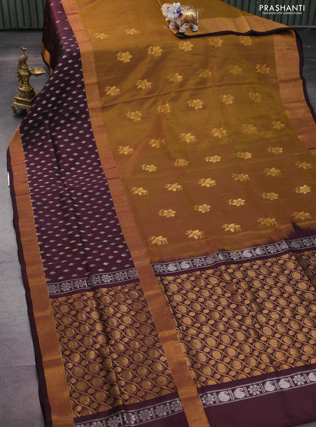 Pure uppada silk saree mehendi green and coffee brown with zari woven floral buttas and zari woven butta border