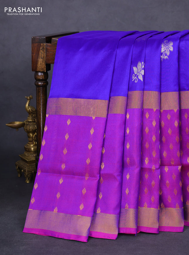 Pure uppada silk saree blue and pink with silver zari woven floral buttas and zari woven butta border
