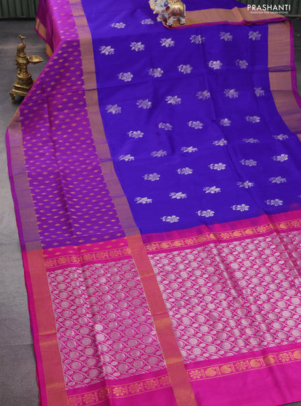 Pure uppada silk saree blue and pink with silver zari woven floral buttas and zari woven butta border