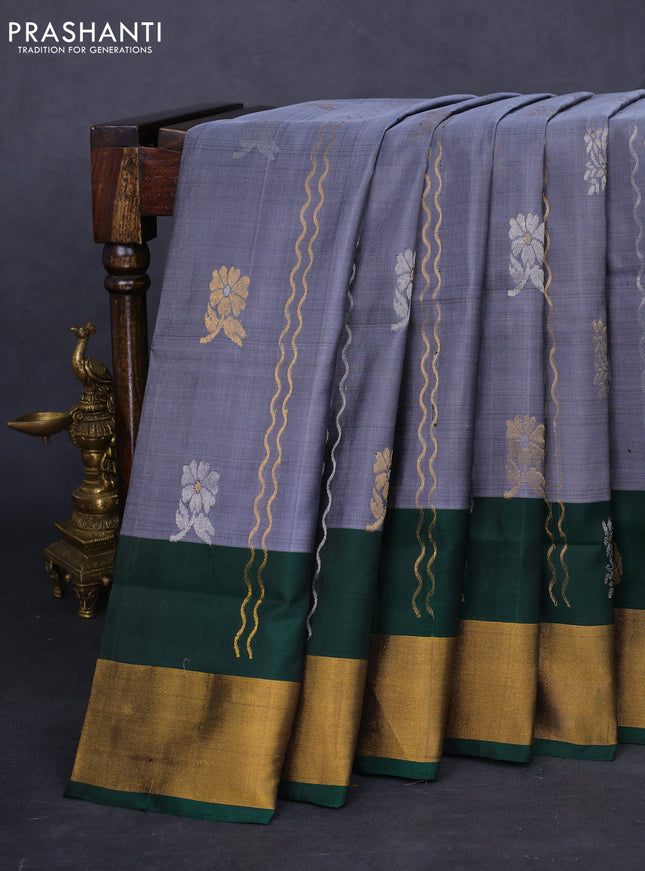 Pure uppada silk saree grey and green with silver & gold zari weaves and zari woven border