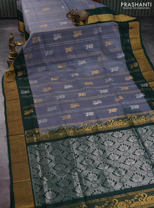 Pure uppada silk saree grey and green with silver & gold zari weaves and zari woven border