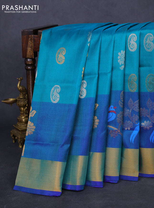 Pure uppada silk saree teal blue and blue with silver & gold zari woven buttas and zari woven border