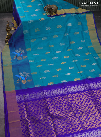 Pure uppada silk saree teal blue and blue with silver & gold zari woven buttas and zari woven border