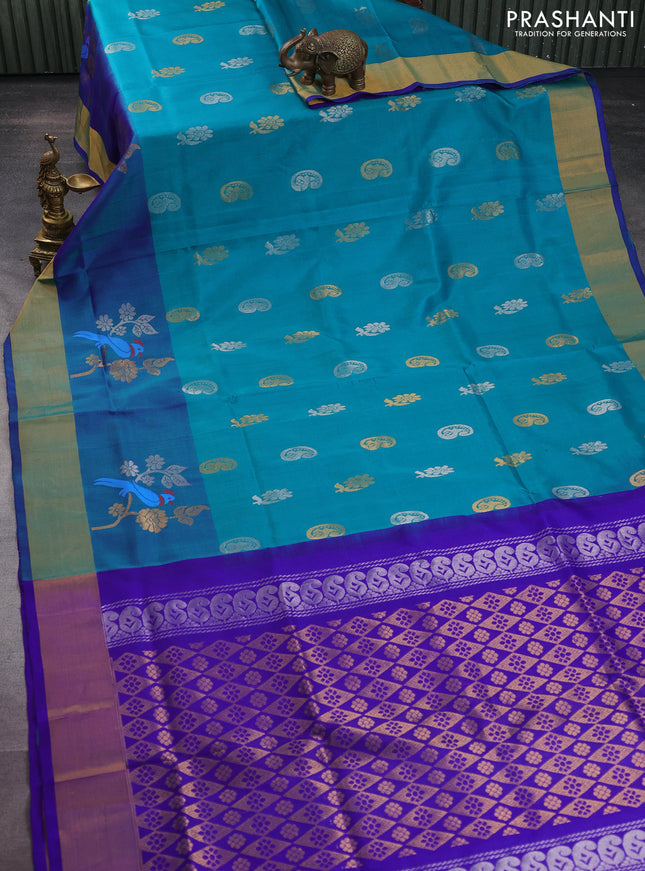 Pure uppada silk saree teal blue and blue with silver & gold zari woven buttas and zari woven border