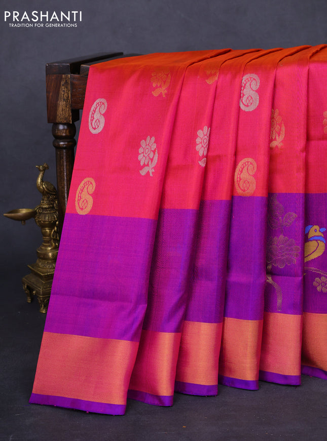 Pure uppada silk saree dual shade of pinkish orange and purple with silver & gold zari woven buttas and zari woven border