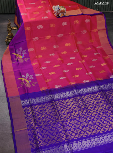 Pure uppada silk saree dual shade of pinkish orange and purple with silver & gold zari woven buttas and zari woven border