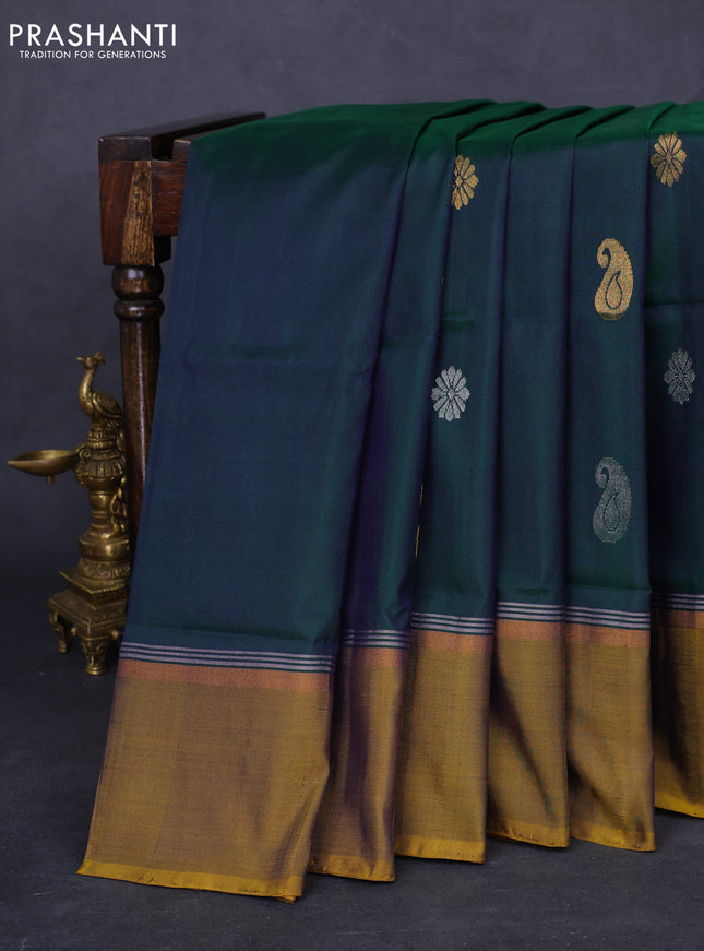 Pure uppada silk saree dual shade of green and mehendi green with silver & gold zari woven buttas and zari woven simple border
