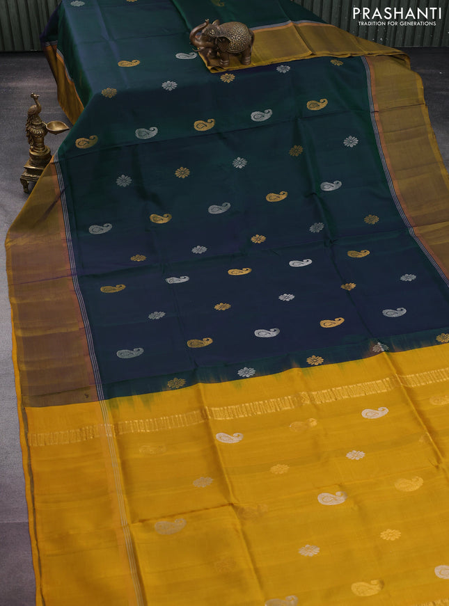 Pure uppada silk saree dual shade of green and mehendi green with silver & gold zari woven buttas and zari woven simple border
