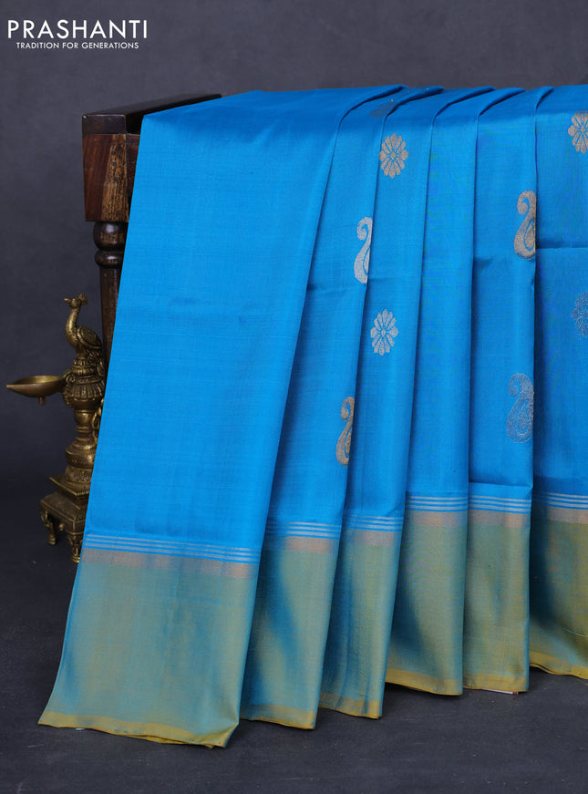Pure uppada silk saree cs blue and yellow with silver & gold zari woven buttas and zari woven simple border