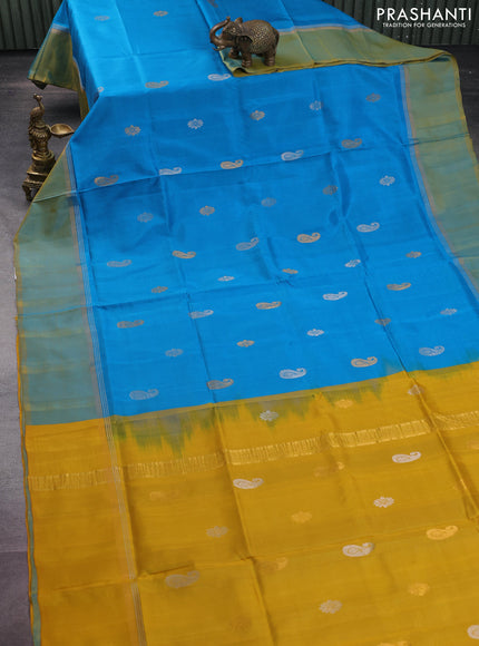 Pure uppada silk saree cs blue and yellow with silver & gold zari woven buttas and zari woven simple border
