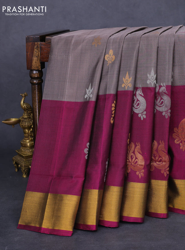 Pure uppada silk saree grey shade and wine shade with silver & gold zari woven buttas and long zari woven butta border