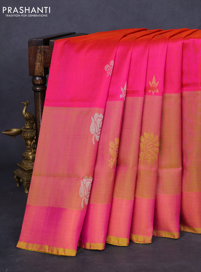Pure uppada silk saree dual shade of pink and dual shade of yellow with silver & gold zari woven buttas and long floral butta zari woven border