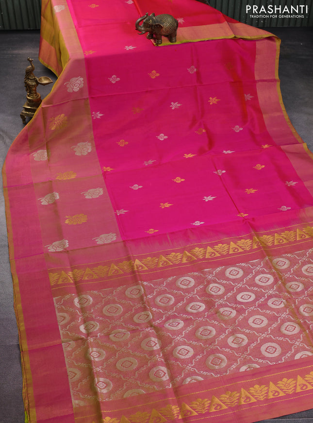 Pure uppada silk saree dual shade of pink and dual shade of yellow with silver & gold zari woven buttas and long floral butta zari woven border