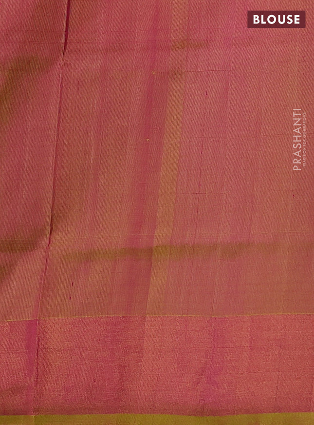 Pure uppada silk saree dual shade of pink and dual shade of yellow with silver & gold zari woven buttas and long floral butta zari woven border