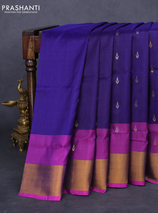 Pure uppada silk saree dark blue and pink with silver & gold zari woven buttas and zari woven border