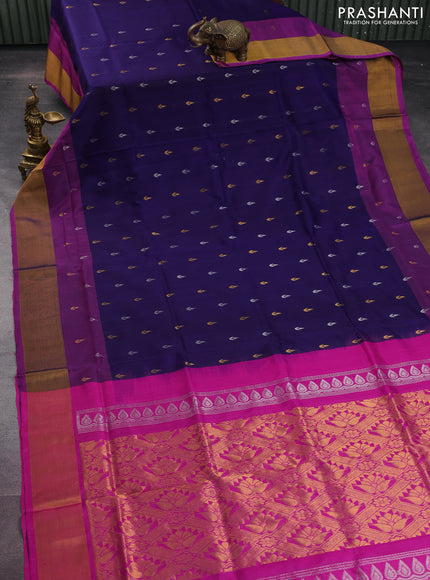 Pure uppada silk saree dark blue and pink with silver & gold zari woven buttas and zari woven border