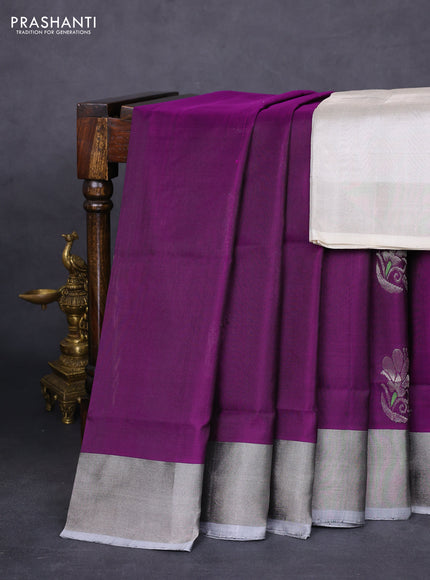 Pure uppada silk saree deep purple and grey with silver zari woven buttas and silver zari woven border