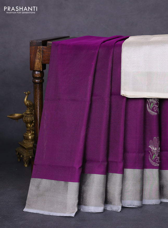 Pure uppada silk saree deep purple and grey with silver zari woven buttas and silver zari woven border