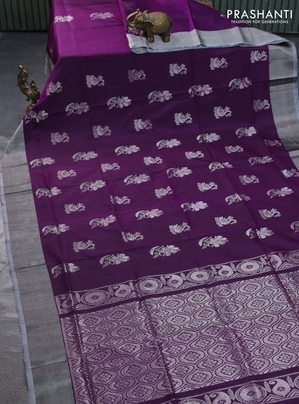 Pure uppada silk saree deep purple and grey with silver zari woven buttas and silver zari woven border
