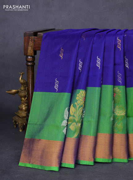 Pure uppada silk saree blue and green with silver & gold zari woven buttas and zari woven border