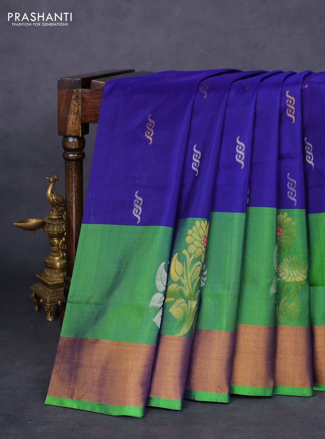 Pure uppada silk saree blue and green with silver & gold zari woven buttas and zari woven border