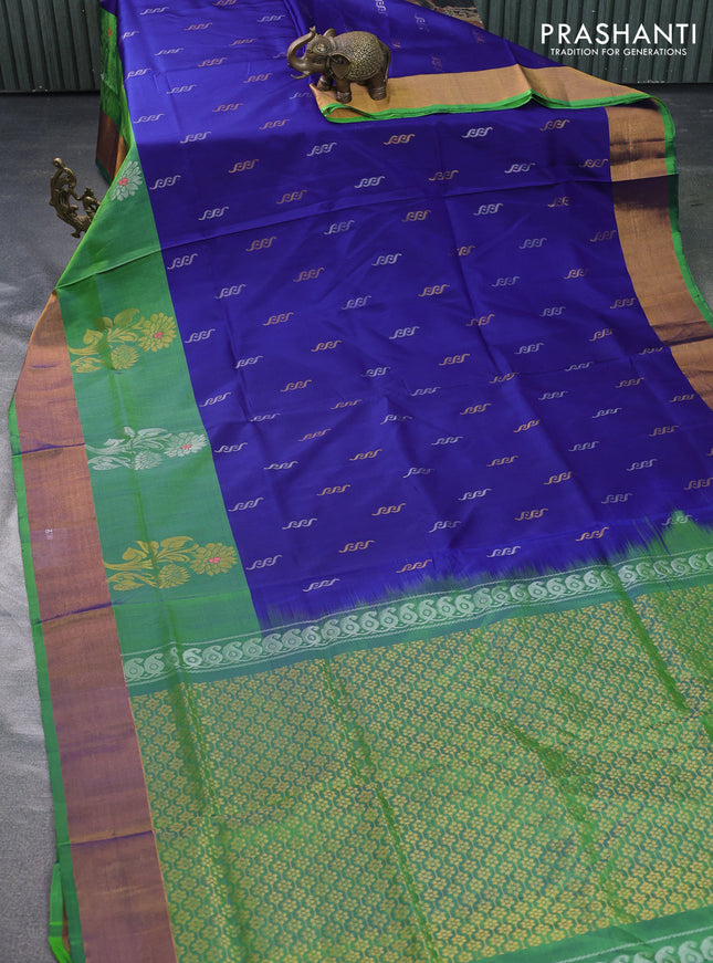 Pure uppada silk saree blue and green with silver & gold zari woven buttas and zari woven border