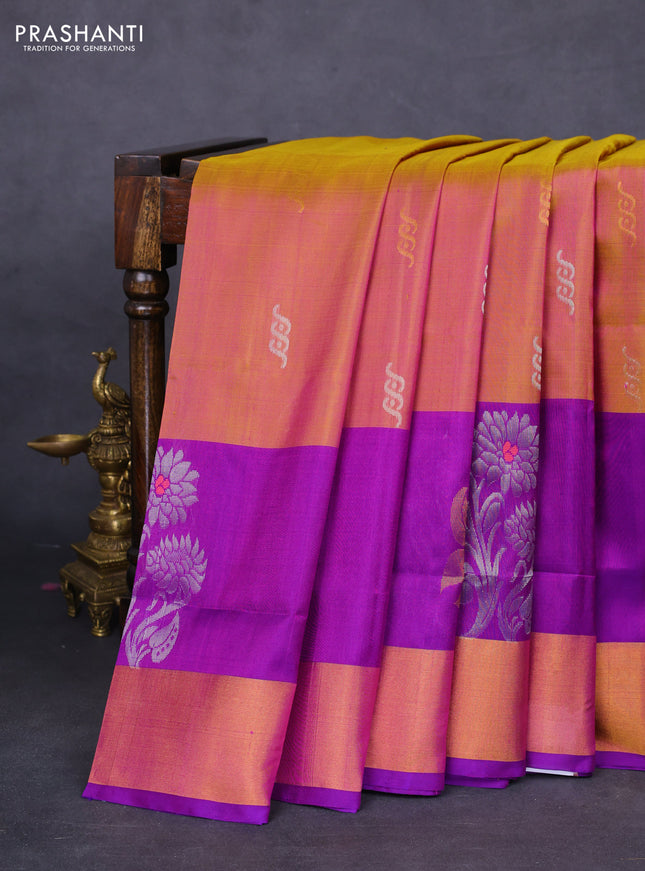 Pure uppada silk saree dual shade of greenish pink and purple with silver & gold zari woven buttas and zari woven border