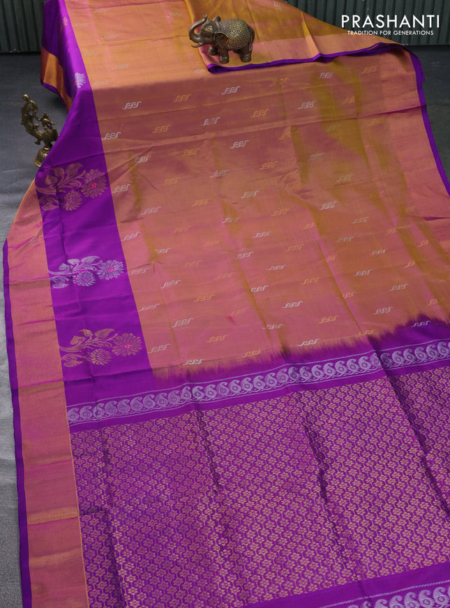 Pure uppada silk saree dual shade of greenish pink and purple with silver & gold zari woven buttas and zari woven border