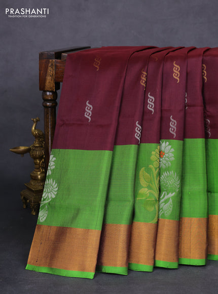 Pure uppada silk saree deep maroon and green with silver & gold zari woven buttas and zari woven border