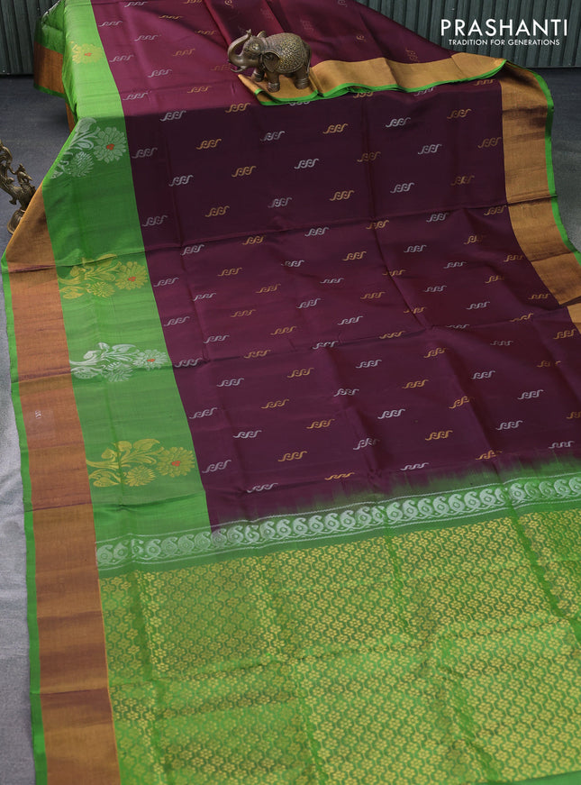 Pure uppada silk saree deep maroon and green with silver & gold zari woven buttas and zari woven border