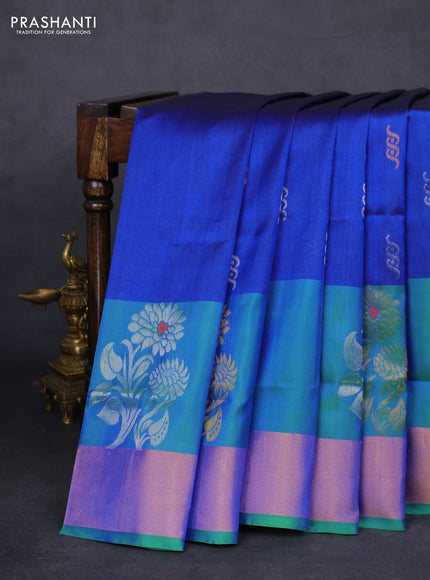 Pure uppada silk saree peacock blue and dual shade of green with silver & gold zari woven buttas and zari woven border