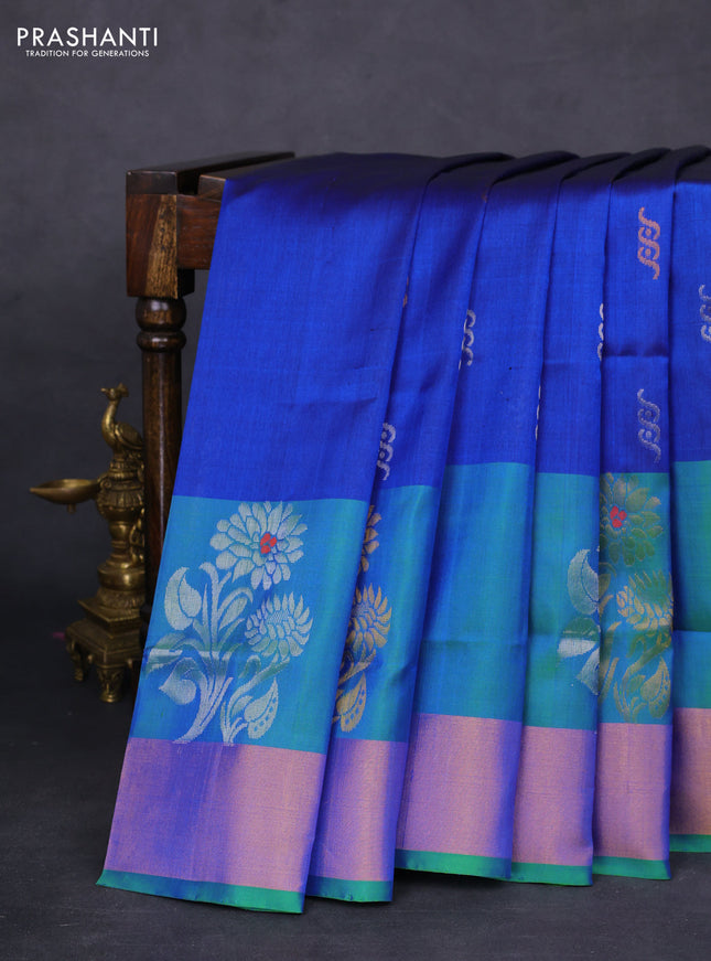 Pure uppada silk saree peacock blue and dual shade of green with silver & gold zari woven buttas and zari woven border