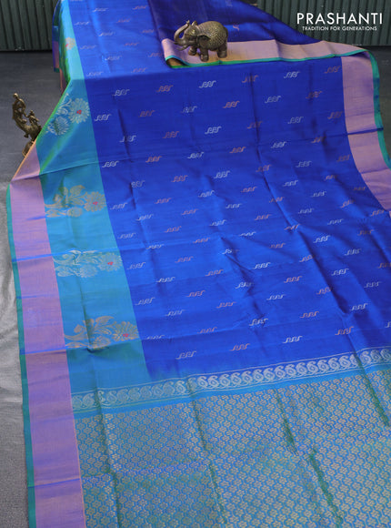 Pure uppada silk saree peacock blue and dual shade of green with silver & gold zari woven buttas and zari woven border